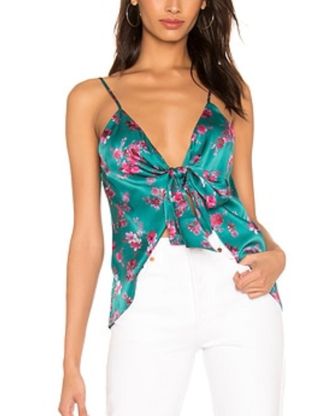 Cami Floral 100% silk Tie-Front Cami Top in Teal size XS